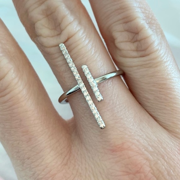 White Gold Plated Double Open Pave Crystal Ring - Picture 1 of 13